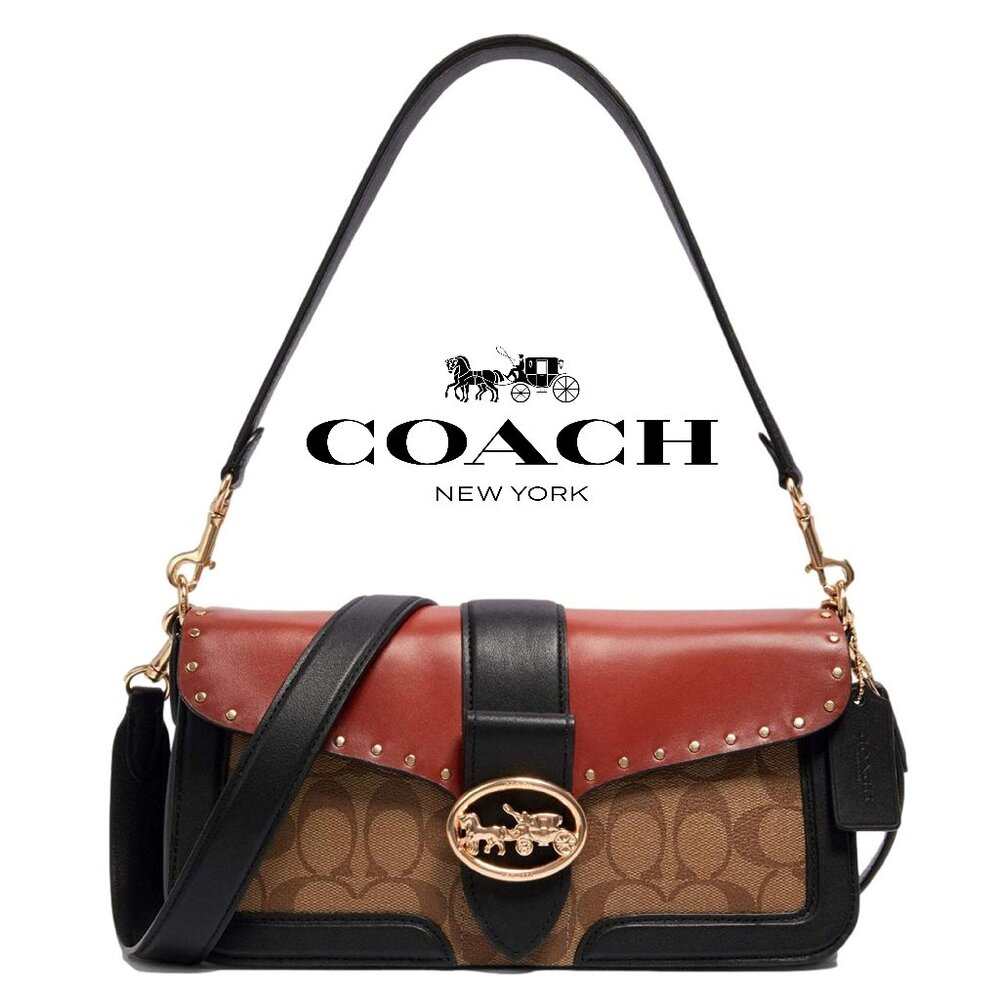 Coach 5605 Georgie Shoulder Bag Colorblock Khaki Signature Canvas with Rivets